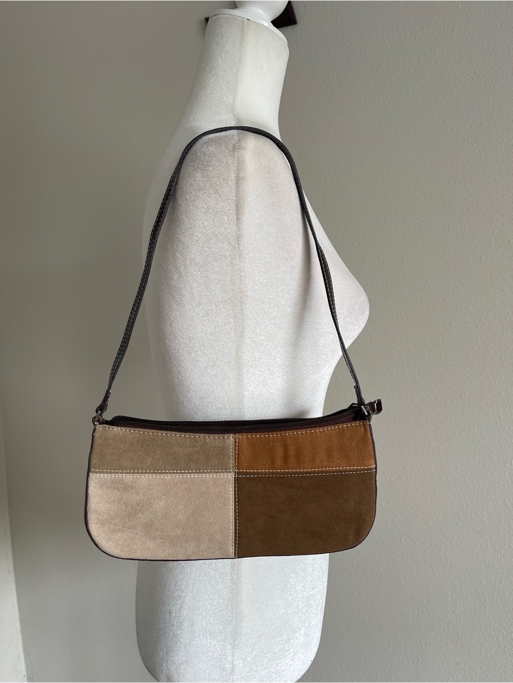 Women's Patchwork Suede Shoulder Bag in Neutral Brown